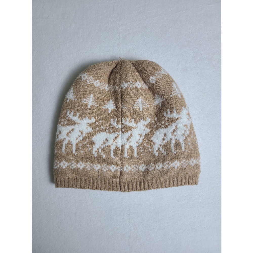 Reindeer Beanie Wm Small‎ Tan White Fair Isle Knit Winter Hat Christmas Holiday